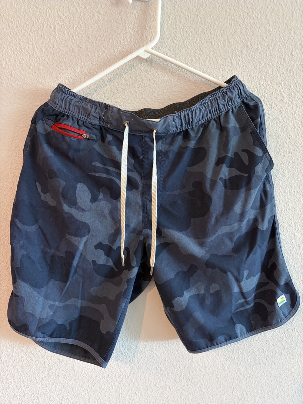 Vuori Navy Camo Swim Board Shorts with White Drawstring